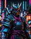 Placeholder: samurai man, masterpiece, best quality, half body, portrait, night city, anime, 3D, Korea, pixar, realistic, robo samurai, harajuku fashion style, mask with neon lights, rain coat, beautiful, colorful, neon lights, cyberpunk, illustration, by Stanley artgerm lau, sideways glance, foreshortening, extremely detailed 8K, smooth, high resolution, ultra quality, highly details, glare, side view,