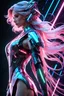 Placeholder: high quality, 8K Ultra HD, full body, have a cyber saber, a mesmerizing 20-year-old woman with a futuristic beauty that seems to transcend time and space, intricately woven into her very being, encased in the cybernetic suit, move with fluidity and precision, Her flowing hair resembles streams of neon lights, casting a vibrant glow that adds a touch of cyberpunk brilliance to her appearance, Each strand of hair is meticulously crafted with holographic patterns that shimmer and shift, creating an