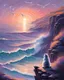 Placeholder: Pastel drawing of a cat meditating on a sea cliff over a sunset ocean, soothing gradients of orange, pink, and purple, seagulls gliding in the distance, peaceful waves providing a rhythmic soundscape, a sense of pure relaxation and connection with the elements,