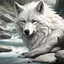 Placeholder: Portrait of a wolf with white fur in front of a river by ink