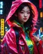 Placeholder: neon Chinese teen, masterpiece, best quality, half body, portrait, night city, 1girl, anime, 3D, Japan, pixar, realistic, teen girl, smiling, cute face, harajuku fashion style, rain coat, beautiful, colourful, neon lights, cyberpunk, smooth skin, illustration, by stanley artgerm lau, sideways glance, foreshortening, extremely detailed 8K, smooth, high resolution, ultra quality, highly detail eyes, highly detail mouth, highly detailed face, perfect eyes, both eyes are the same, glare, Iridescent