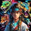 Placeholder: Portrait facial painting background dark, Manga Boy and Girl Warrior with Cobra Snake Head and Tiger in Fightagainst Tiger and Dragon, long hair, Bitcoin Bouclier shiny , half body, Special, unique Composition neon Rainbow Colors , dark background chef-d'œuvre, best quality, start of nigth , anime, 3D, maximum pixel, realistic, foreshortened, 8K extremely detailed, smooth, high resolution, ultra quality, highly detai, neon rainbow colors