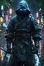 Placeholder: Ninja knight scary eyes, masterpiece, best quality, full body, portrait, night city, 3D, japanese, realistic, shokokan style, rain coat, beautiful, colorful, forest lights, cyberpunk, illustration, sideways glance, foreshortening, extremely detailed 8K, smooth, high resolution, ultra quality, highly details,