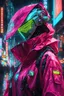 Placeholder: mask, neon, robot, masterpiece, best quality, half body, portrait, night city, anime, 3D, Korea, pixar, realistic, robo cop, harajuku fashion style, rain coat, beautiful, colourful, neon lights, cyberpunk, illustration, by stanley artgerm lau, sideways glance, foreshortening, extremely detailed 8K, smooth, high resolution, ultra quality, highly details, glare, side view,