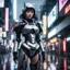 Placeholder: 8k, cyber woman, robotic outfit, on dystopic futurist Tokyo streets, rainy, nightly.