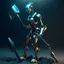 Placeholder: Sexy crypto mining female robot holding a pick axe. Fantasy cyberpunk style. CG render high quality detailed graphics.