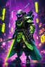 Placeholder: "io.net" logo, bee robo soldier, samurai sword hands, realistic 8k, ultra realistic, neon colorfull city, bacround, neon yellow light, neon green, robo soldier, cloak purple,cyberpunk,cyber city,mix steam punk