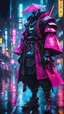 Placeholder: neon robot samurai, masterpiece, best quality, half body, portrait, night city, anime, 3D, Korea, pixar, realistic, robo cop, harajuku fashion style, rain coat, beautiful, colourful, neon lights, cyberpunk, illustration, by stanley artgerm lau, sideways glance, foreshortening, extremely detailed 8K, smooth, high resolution, ultra quality, highly details, glare, side view,