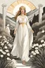 Placeholder: A pure white priestess walking in a Greek garden ((solar goddess, sun rays emitted from her head by aphonse mucha)), beautiful female face, abstract, creative art, soft monochrome colors, shape, lines, white colors, simple, contemporary, modern, chic pattern, scandinavian modern art, minimalist, lines, hand drawn, brush stroke line, mountains, leaf pattern, neutral colors, art series, continuous faded strokes, faded spots, art deco abstract art design. soft colors. by Jean-Baptiste Monk and Greg