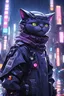 Placeholder: dark purple cat robot , masterpiece, best quality, half body, portrait, night city, anime, 3D, China, pixar, realistic, robo cop, rain coat, beautiful, colourful, dark blue lights, cyberpunk, illustration, sideways glance, foreshortening, extremely detailed 8K, smooth, high resolution, ultra quality, highly details, glare, side view , black dark purple color