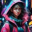 Placeholder: masterpiece, best quality, half body, portrait, night city, 1girl, anime, 3D, Japan, pixar, realistic, teen girl, smiling, cute face, harajuku fashion style, rain coat, beautiful, colourful, neon lights, cyberpunk, smooth skin, illustration, by stanley artgerm lau, sideways glance, foreshortening, extremely detailed 8K, smooth, high resolution, ultra quality, highly detail eyes, highly detail mouth, highly detailed face, perfect eyes, both eyes are the same, glare, Iridescent, JUSTROY logo