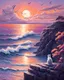 Placeholder: Pastel drawing of a cat meditating on a sea cliff over a sunset ocean, soothing gradients of orange, pink, and purple, seagulls gliding in the distance, peaceful waves providing a rhythmic soundscape, a sense of pure relaxation and connection with the elements,