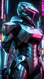 Placeholder: neon robot cop, masterpiece, best quality, half body, portrait, night city, anime, 3D, Korea, pixar, realistic, robo cop, harajuku fashion style, rain coat, beautiful, colourful, neon lights, cyberpunk, illustration, by stanley artgerm lau, sideways glance, foreshortening, extremely detailed 8K, smooth, high resolution, ultra quality, highly details, glare, side view,