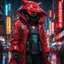 Placeholder: neon red robot cop, kitsune mask, masterpiece, best quality, half body, portrait, night city, anime, 3D, Korea, pixar, realistic, robo cop, harajuku fashion style, rain coat, beautiful, colourful, neon lights, cyberpunk, illustration, by stanley artgerm lau, sideways glance, foreshortening, extremely detailed 8K, smooth, high resolution, ultra quality, highly details, glare, side view,