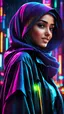 Placeholder: neon HIJAB arabian teen, best quality, half body, portrait, night city, 1girl, anime, 3D, Dubai, pixar, realistic, teen girl, smiling, cute face, rain coat, beautiful, colourful, neon lights, cyberpunk, smooth skin, illustration, sideways glance, foreshortening, extremely detailed 8K, smooth, high resolution, ultra quality, highly detail eyes, highly detail mouth, highly detailed face, perfect eyes, both eyes are the same, glare, model, DUBAI skyskrapers