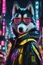 Placeholder: husky ,yellow neon glasses,masterpiece, best quality, portrait, night city, anime, 3D, Korea, pixar, realistic, robo samurai, harajuku fashion style, mask with neon lights,punk style rain coat, beautiful, colorful, neon lights, cyberpunk, illustration, by Stanley artgerm lau, sideways glance, foreshortening, extremely detailed 8K, smooth, high resolution, ultra quality, highly details, glare, side view,