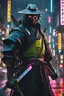 Placeholder: samurai man, masterpiece, best quality, half body, portrait, night city, anime, 3D, Korea, pixar, realistic, robo samurai, harajuku fashion style, mask with neon lights, rain coat, beautiful, colorful, neon lights, cyberpunk, illustration, by Stanley artgerm lau, sideways glance, foreshortening, extremely detailed 8K, smooth, high resolution, ultra quality, highly details, glare, side view,