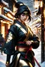 Placeholder: 8k wallpaper of a mysterious kunoichi wearing gold jewelry in the streets of a dark snowy town in russia, by artgerm, intricate detail, trending on artstation, 8k, fluid motion, stunning shading, by wlop