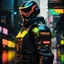 Placeholder: neon robot cop, masterpiece, best quality, half body, portrait, night city, anime, 3D, Korea, pixar, realistic, robo cop, harajuku fashion style, rain coat, beautiful, colourful, neon lights, cyberpunk, illustration, by stanley artgerm lau, sideways glance, foreshortening, extremely detailed 8K, smooth, high resolution, ultra quality, highly details, glare, side view, wide portrait posture