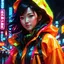 Placeholder: neon Chinese teen, masterpiece, best quality, half body, portrait, night city, 1girl, anime, 3D, Korea, pixar, realistic, teen girl, smiling, cute face, harajuku fashion style, rain coat, beautiful, colourful, neon lights, cyberpunk, smooth skin, illustration, by stanley artgerm lau, sideways glance, foreshortening, extremely detailed 8K, smooth, high resolution, ultra quality, highly detail eyes, highly detail mouth, highly detailed face, perfect eyes, both eyes are the same, glare, short hair