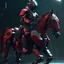 Placeholder: Armored cyberpunk robot riding a mechanical horse. The robot is wearing red and black futuristic armor. Fantasy cyberpunk style. CG rendered in detailed high quality.