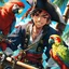 Placeholder: Anime, Japanese, Pirate, Boy, bloodlust, bloody, evil smile, high detail, High quality, a parrot, treasure